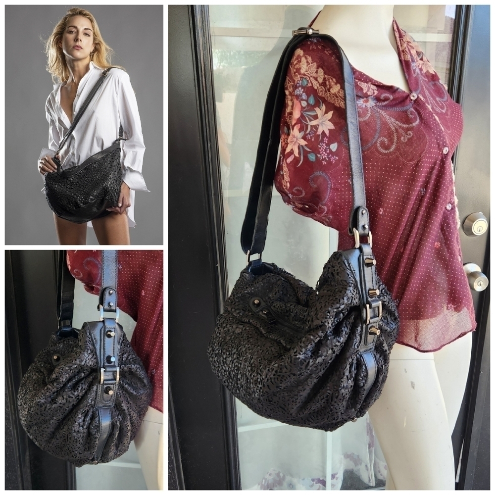 Skye Sari Black Genuine Leather Lace Large Shoulder Purse Bag Rare